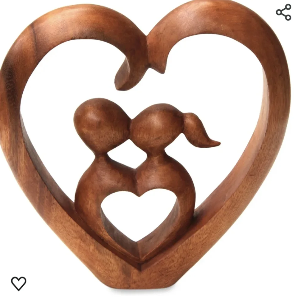 Hand Carved Suar Wood Kissing‎ Couple Abstract Heart Sculpture the love story